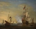 Peter Monamy attrib Escena del puerto Un barco inglés con velas sueltas disparando un arma Batallas navales